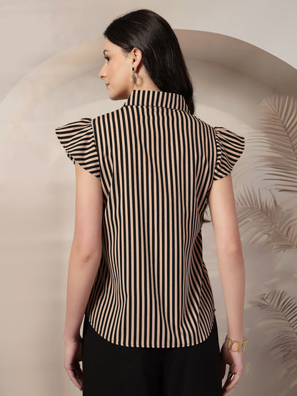 Style Quotient Women Nude Black Stripe Polycrepe Formal Shirt