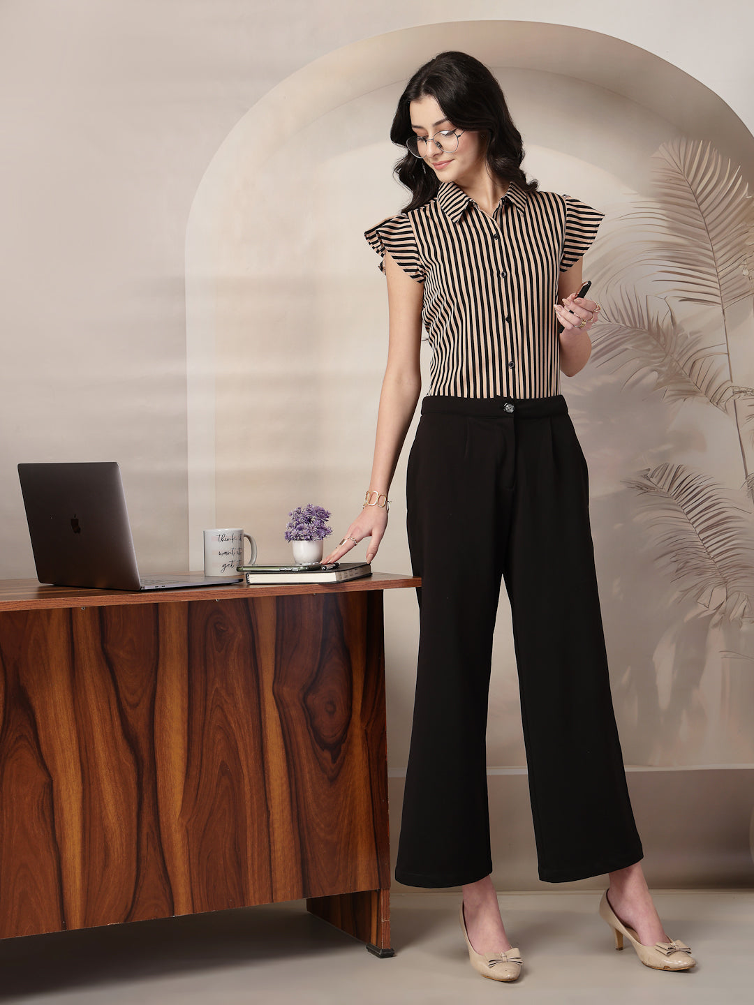 Style Quotient Women Nude Black Stripe Polycrepe Formal Shirt