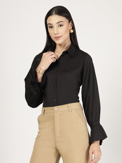 Style Quotient Women Solid Black Polymoss Formal Shirt