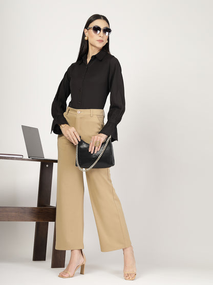 Style Quotient Women Solid Black Polymoss Formal Shirt