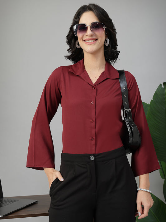 Style Quotient Women Solid Maroon Polymoss Formal Shirt