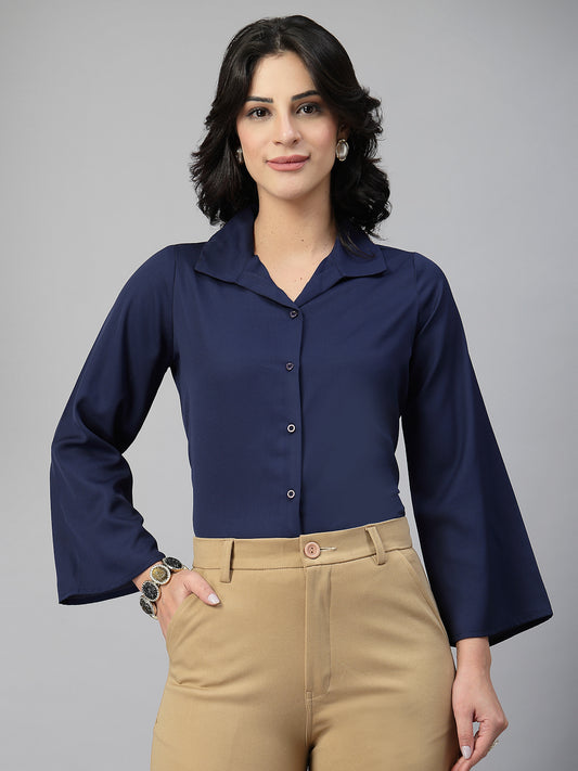 Style Quotient Women Solid Navy Polymoss Formal Shirt