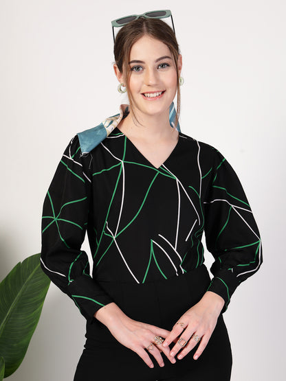 Style Quotient Women Black Multi Printed Regular Fit Formal Polyester Top