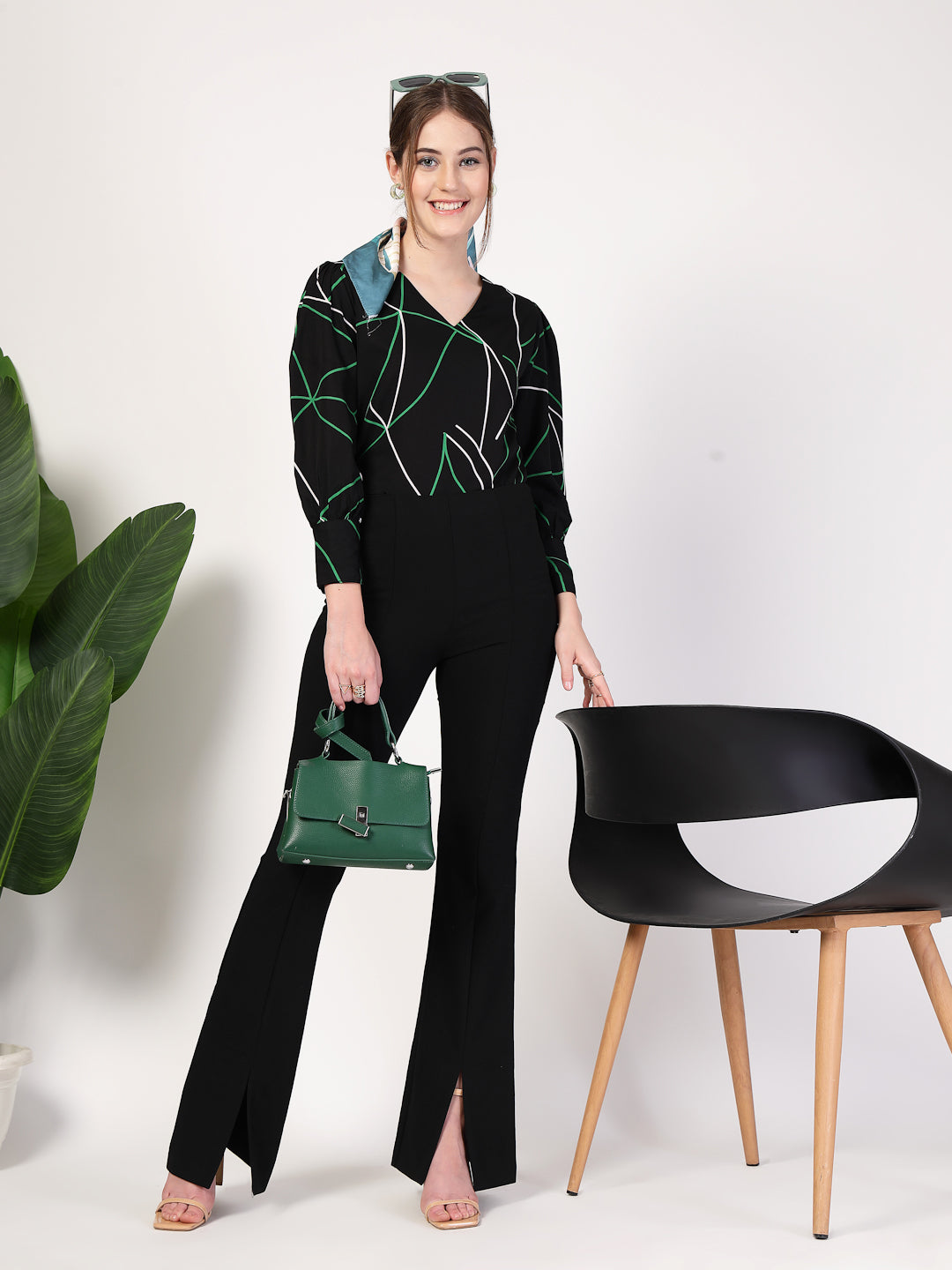 Style Quotient Women Black Multi Printed Regular Fit Formal Polyester Top