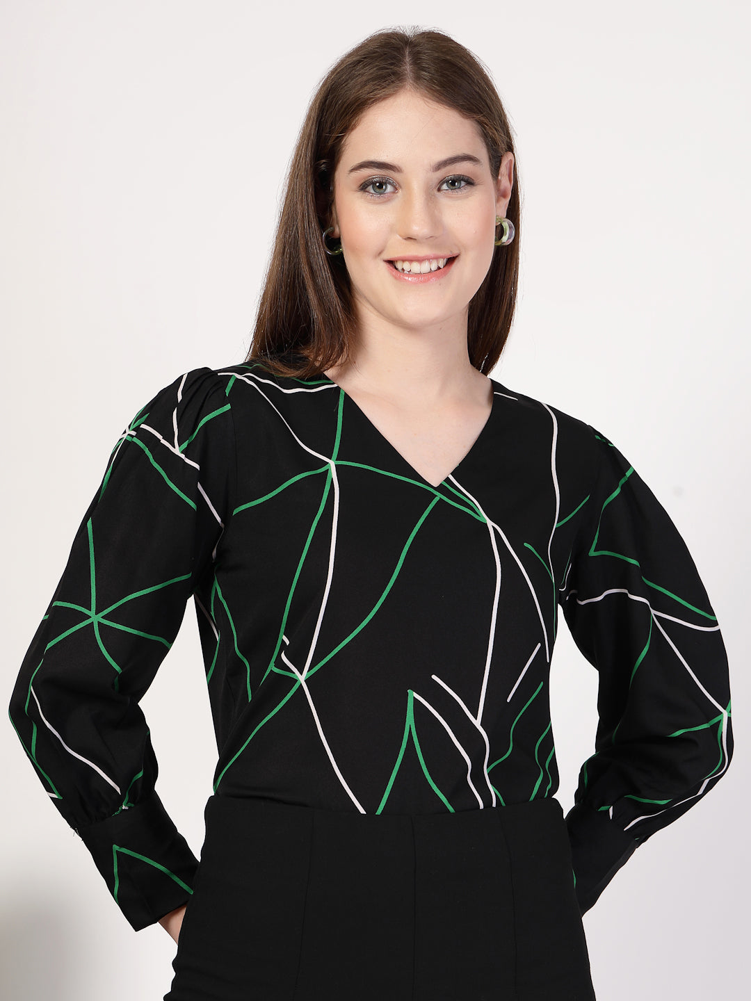 Style Quotient Women Black Multi Printed Regular Fit Formal Polyester Top
