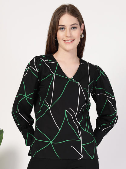 Style Quotient Women Black Multi Printed Regular Fit Formal Polyester Top