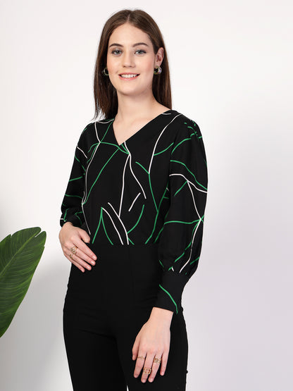 Style Quotient Women Black Multi Printed Regular Fit Formal Polyester Top