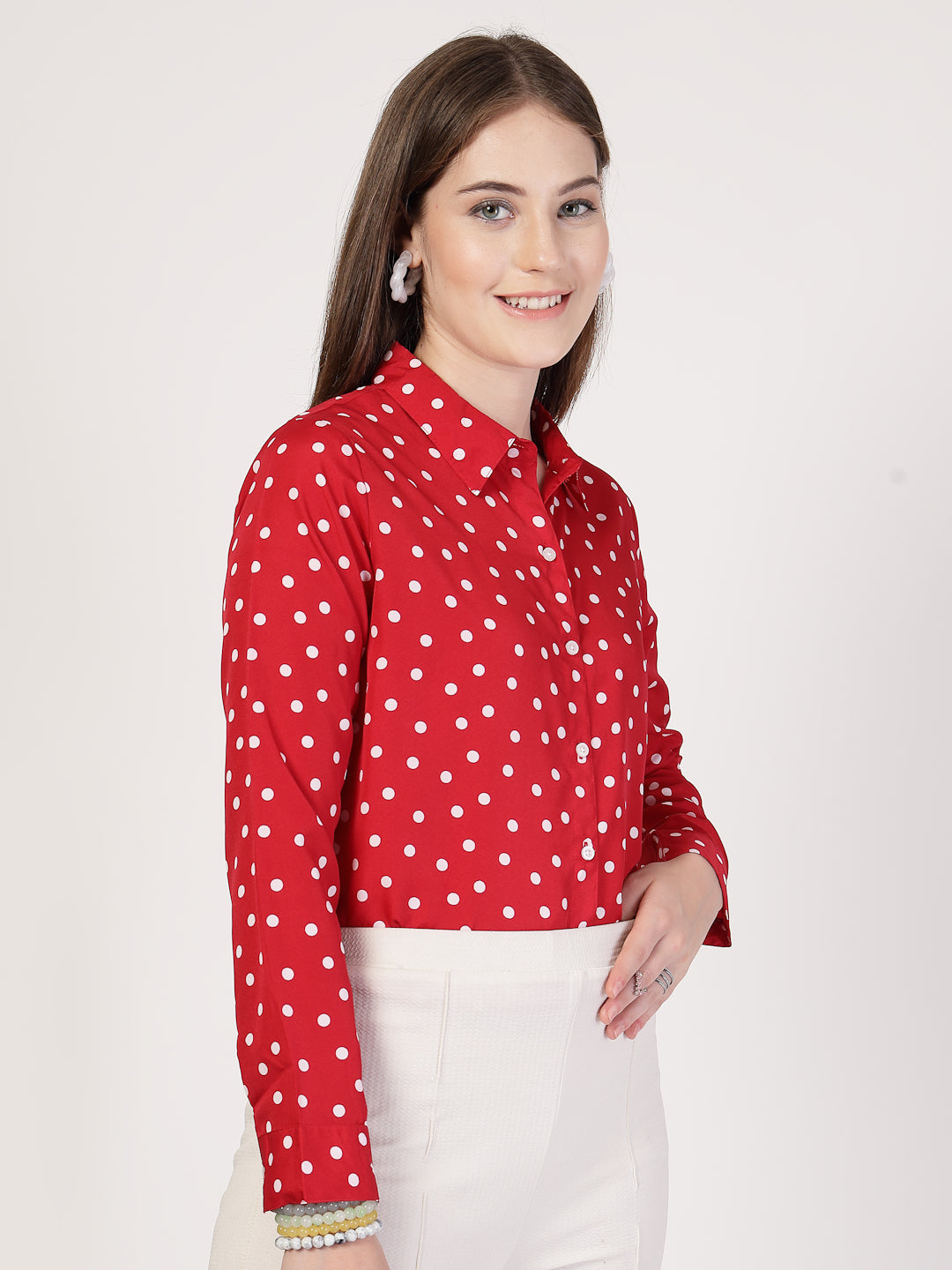Style Quotient Women Red White Printed Semi Formal Polyester Shirt