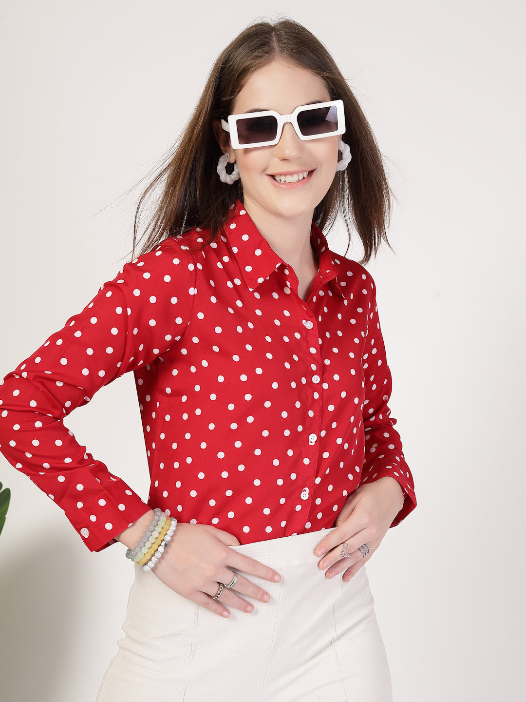 Style Quotient Women Red White Printed Semi Formal Polyester Shirt