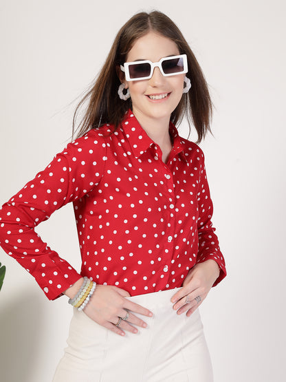 Style Quotient Women Red White Printed Semi Formal Polyester Shirt