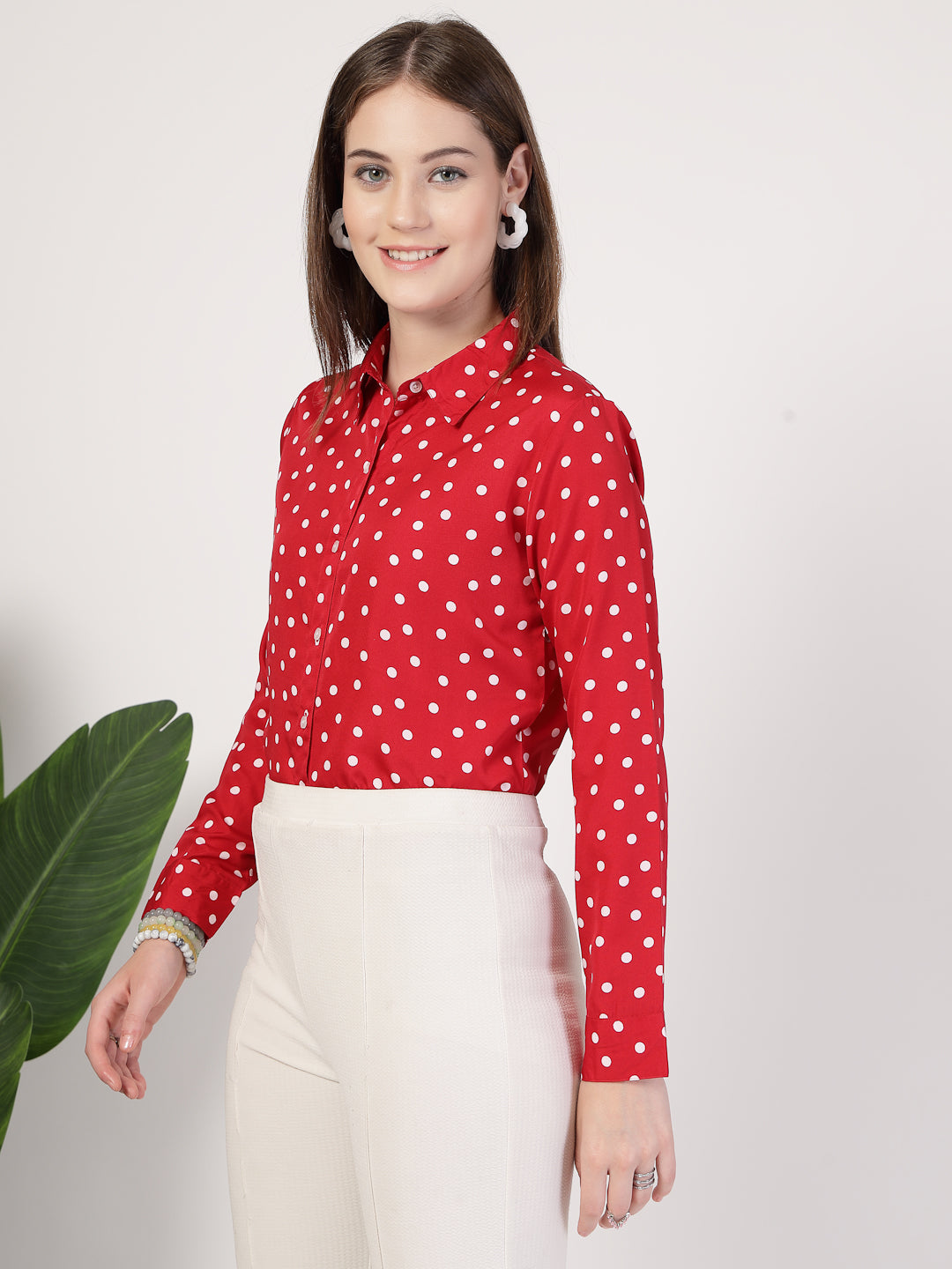 Style Quotient Women Red White Printed Semi Formal Polyester Shirt