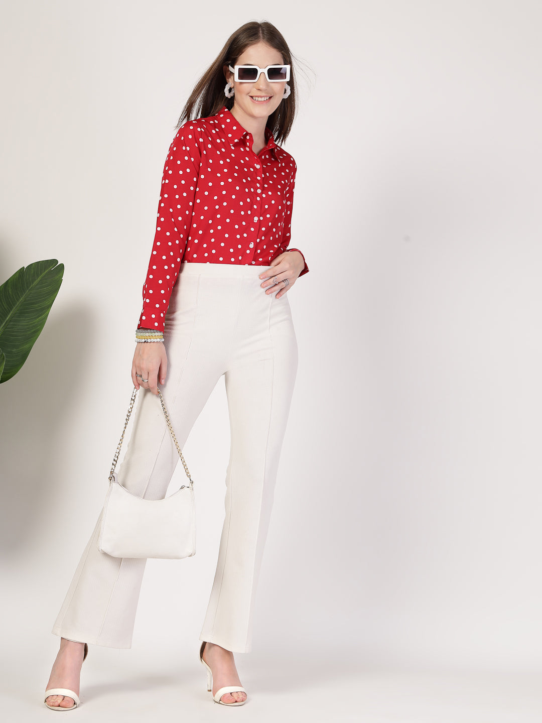 Style Quotient Women Red White Printed Semi Formal Polyester Shirt