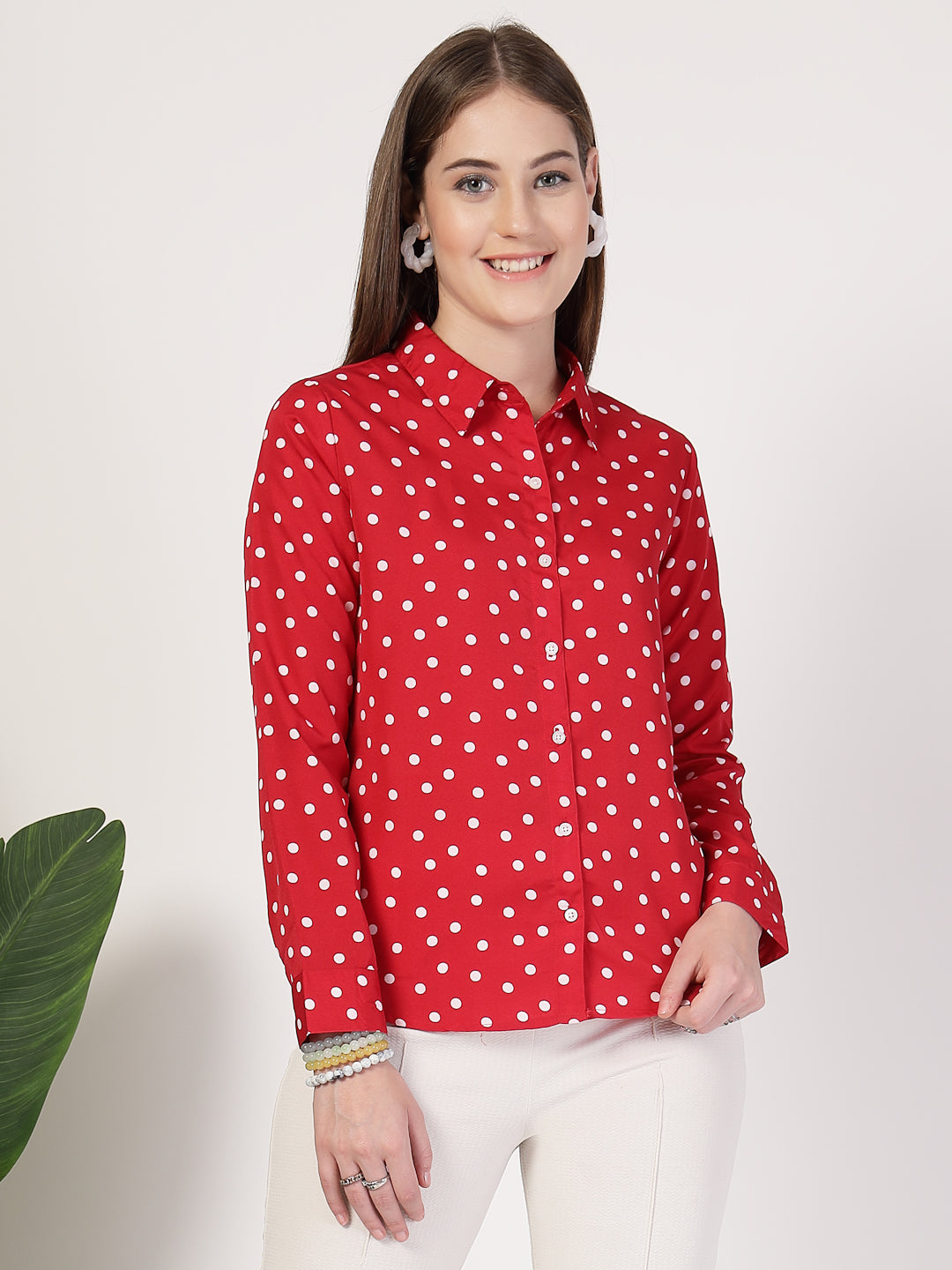Style Quotient Women Red White Printed Semi Formal Polyester Shirt