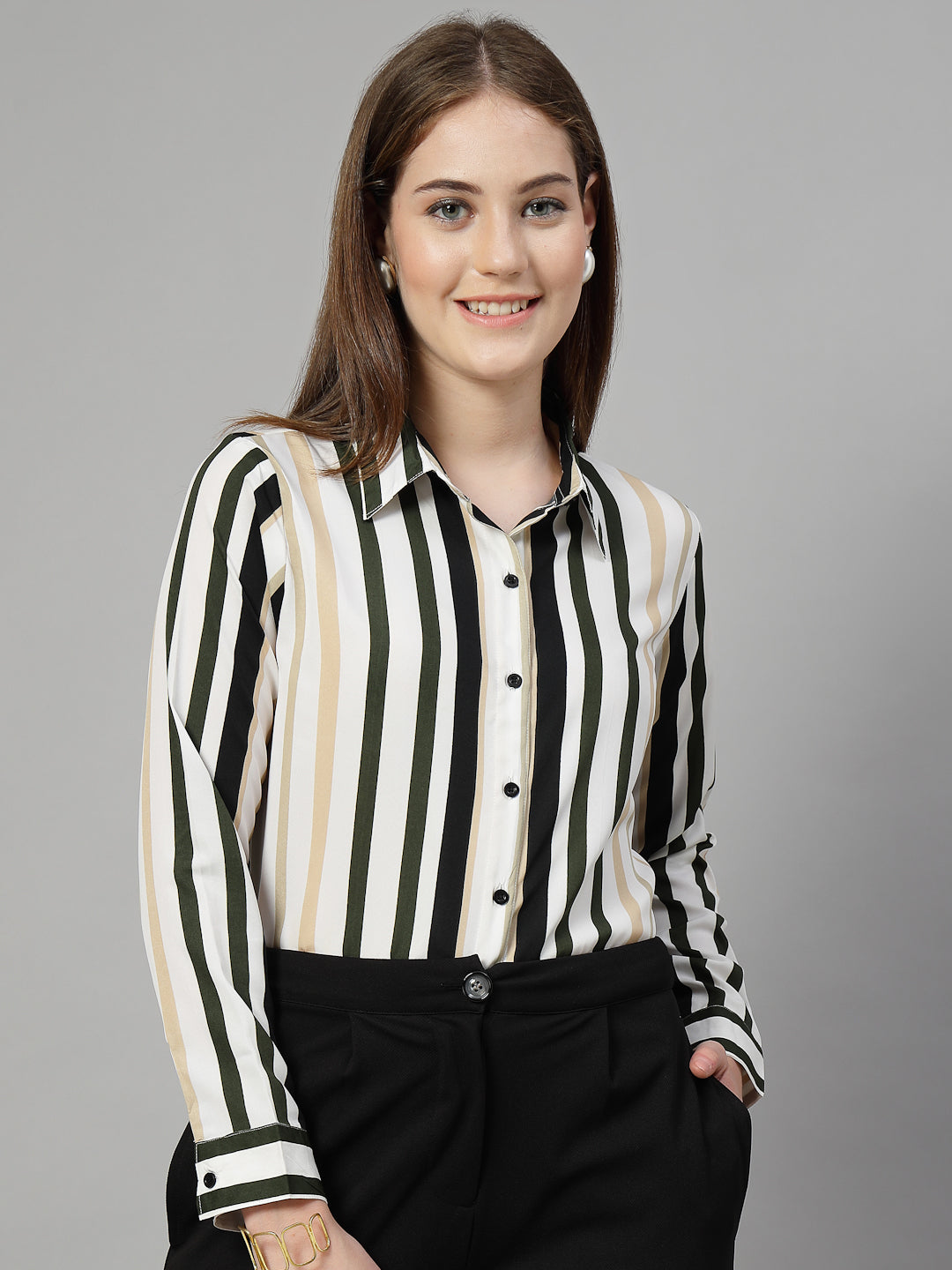 Style Quotient Women White Multi Stripe Printed Semi Formal Polyester Shirt
