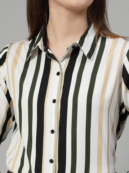 Style Quotient Women White Multi Stripe Printed Semi Formal Polyester Shirt