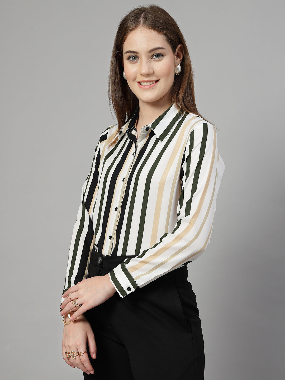 Style Quotient Women White Multi Stripe Printed Semi Formal Polyester Shirt