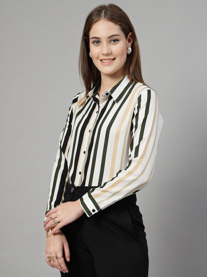 Style Quotient Women White Multi Stripe Printed Semi Formal Polyester Shirt