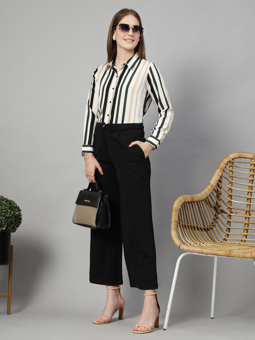 Style Quotient Women White Multi Stripe Printed Semi Formal Polyester Shirt