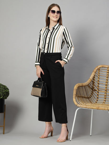 Style Quotient Women White Multi Stripe Printed Semi Formal Polyester Shirt