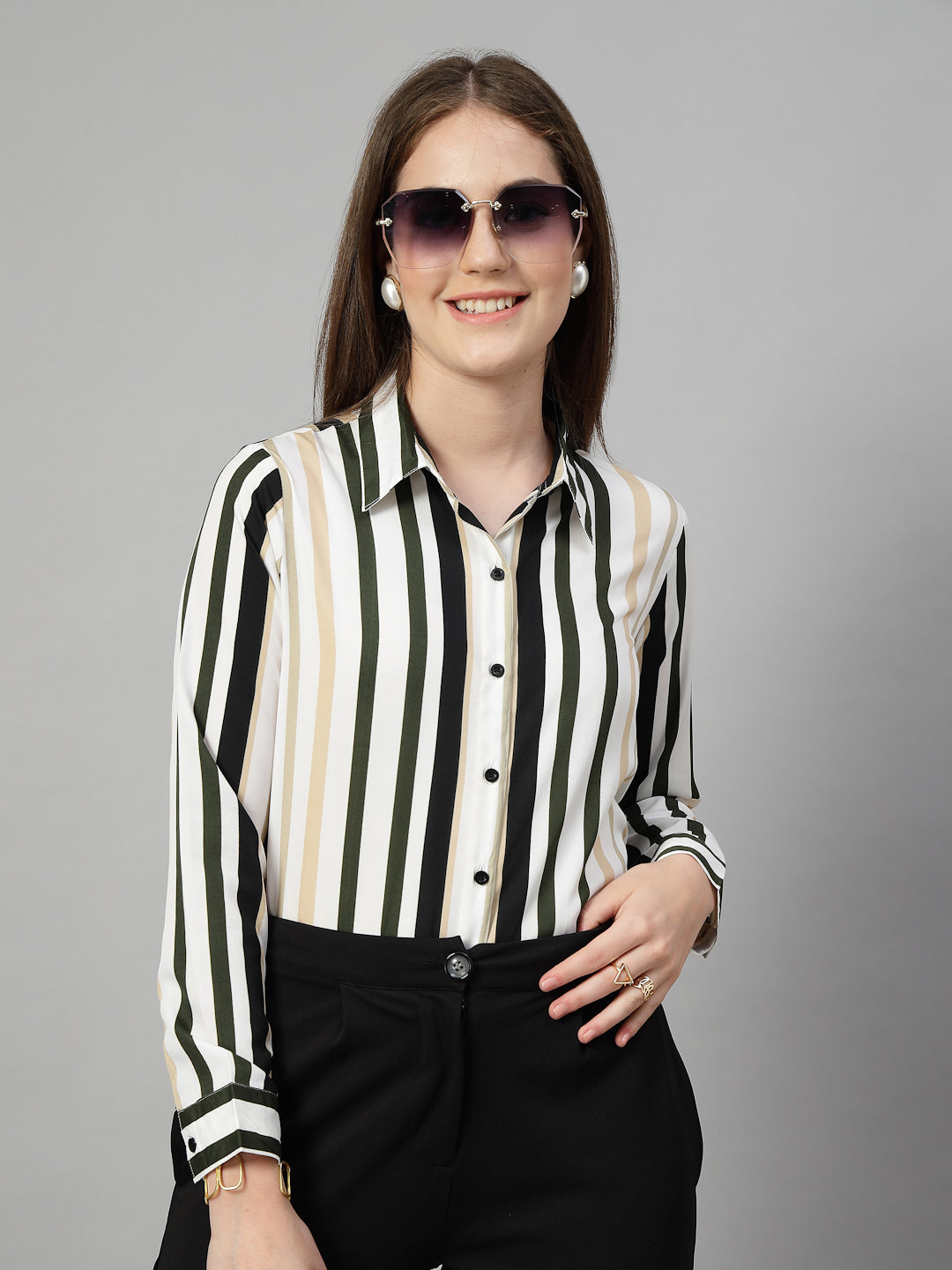 Style Quotient Women White Multi Stripe Printed Semi Formal Polyester Shirt
