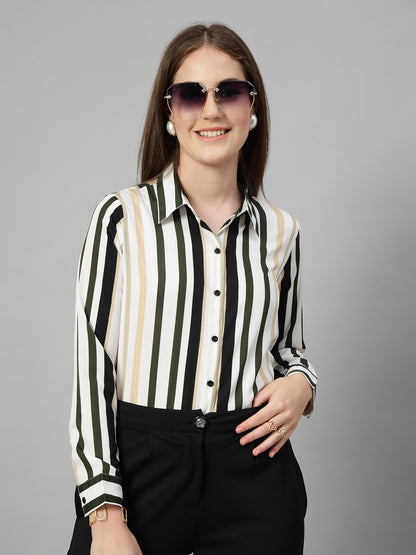 Style Quotient Women White Multi Stripe Printed Semi Formal Polyester Shirt