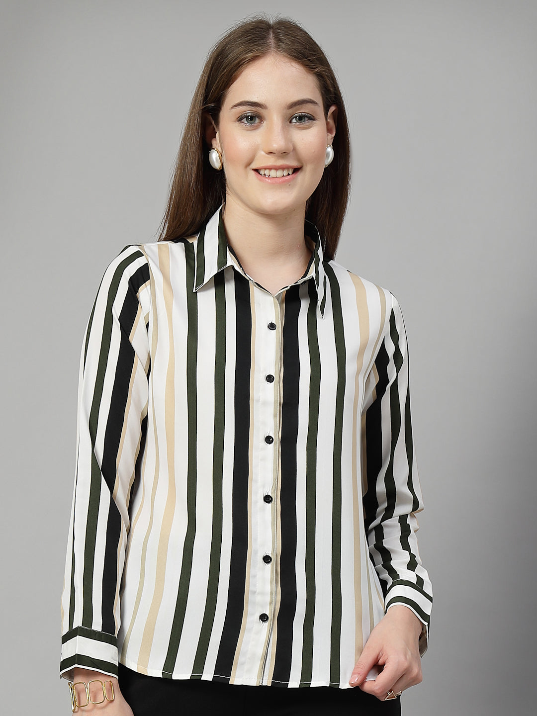 Style Quotient Women White Multi Stripe Printed Semi Formal Polyester Shirt