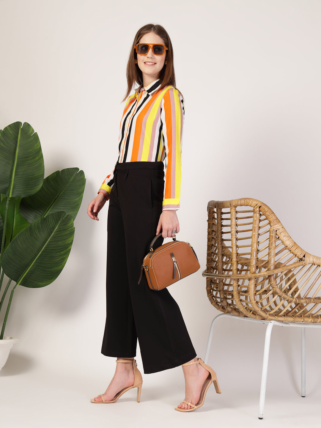 Style Quotient Women Orange Multi Stripe Printed Semi Formal Polyester Shirt