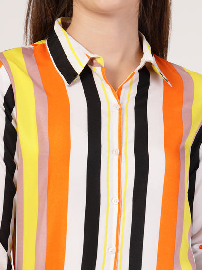 Style Quotient Women Orange Multi Stripe Printed Semi Formal Polyester Shirt