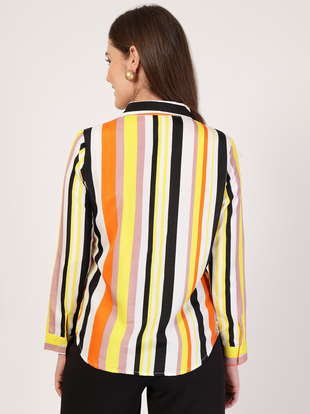 Style Quotient Women Orange Multi Stripe Printed Semi Formal Polyester Shirt