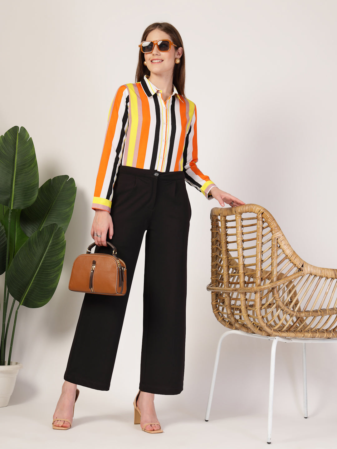 Style Quotient Women Orange Multi Stripe Printed Semi Formal Polyester Shirt