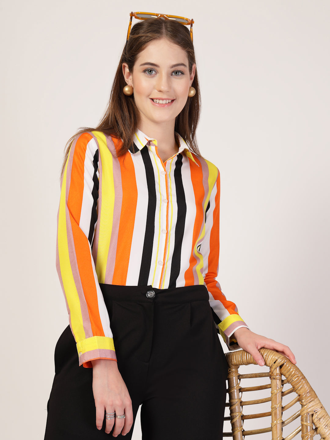 Style Quotient Women Orange Multi Stripe Printed Semi Formal Polyester Shirt