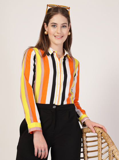 Style Quotient Women Orange Multi Stripe Printed Semi Formal Polyester Shirt