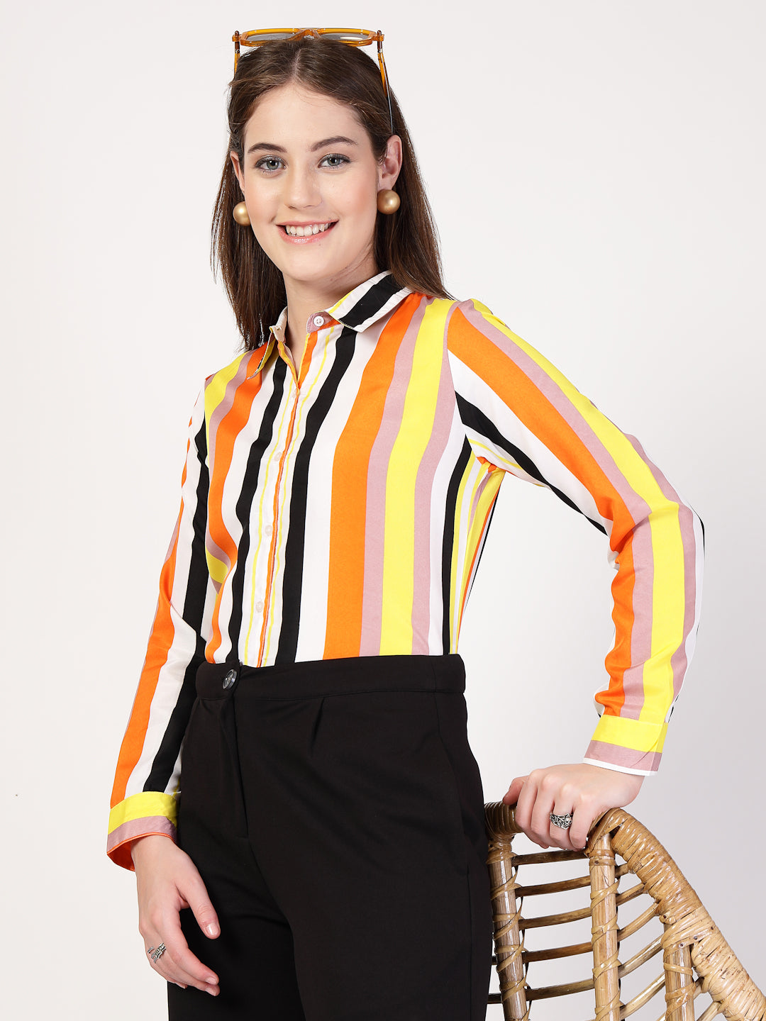 Style Quotient Women Orange Multi Stripe Printed Semi Formal Polyester Shirt