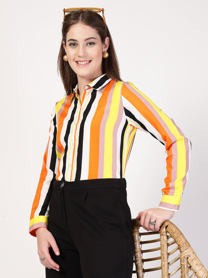 Style Quotient Women Orange Multi Stripe Printed Semi Formal Polyester Shirt