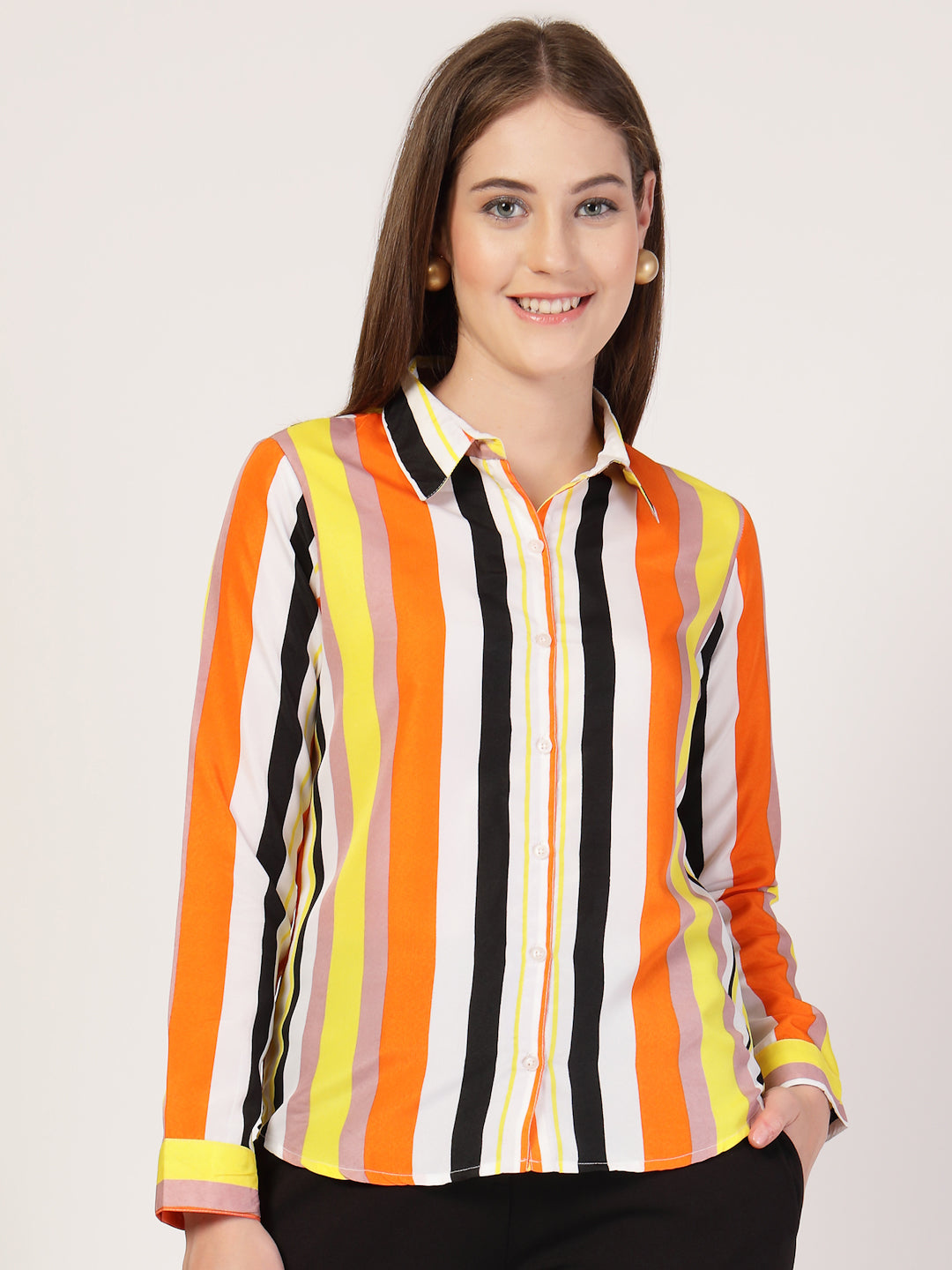 Style Quotient Women Orange Multi Stripe Printed Semi Formal Polyester Shirt