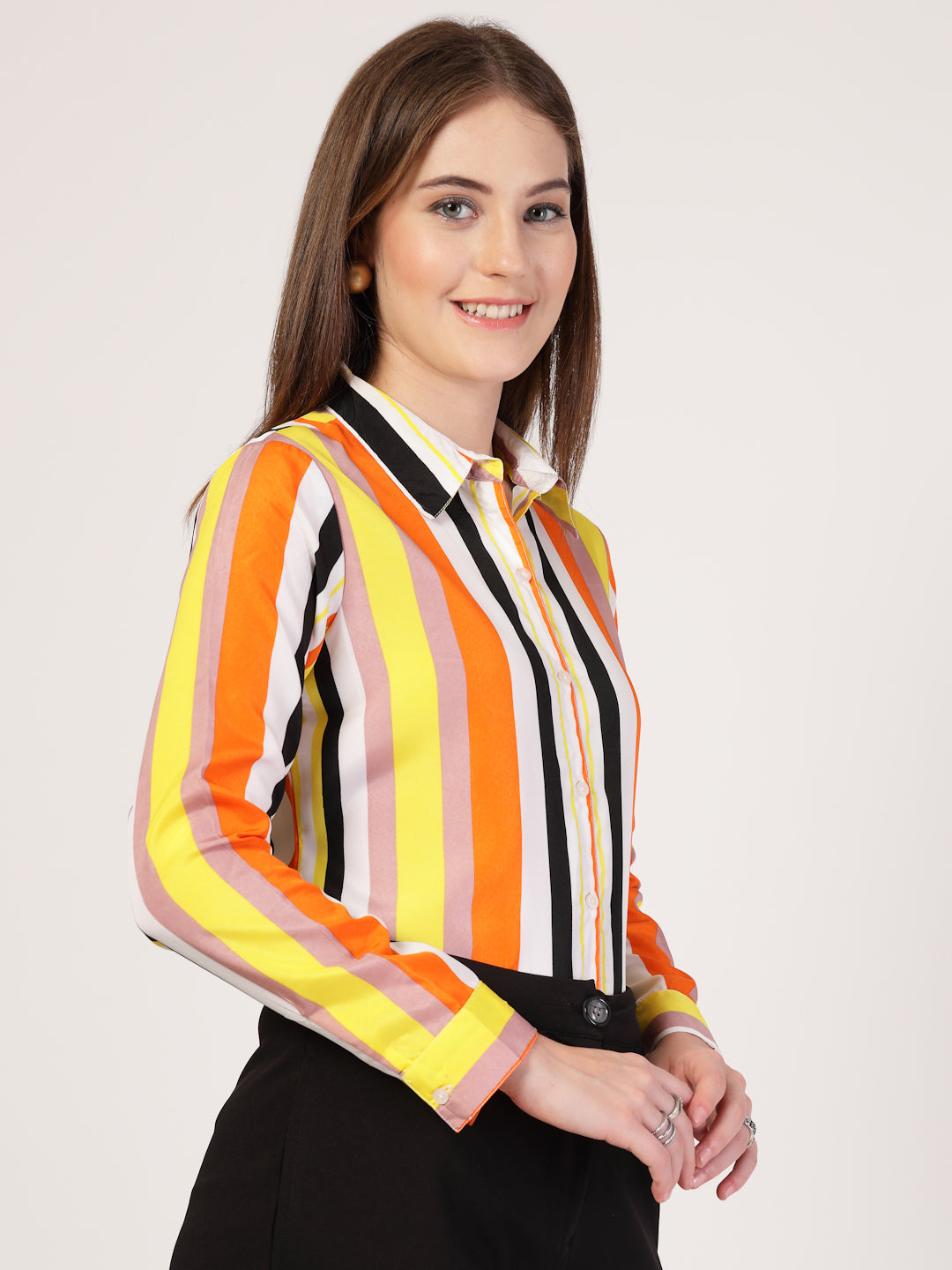 Style Quotient Women Orange Multi Stripe Printed Semi Formal Polyester Shirt