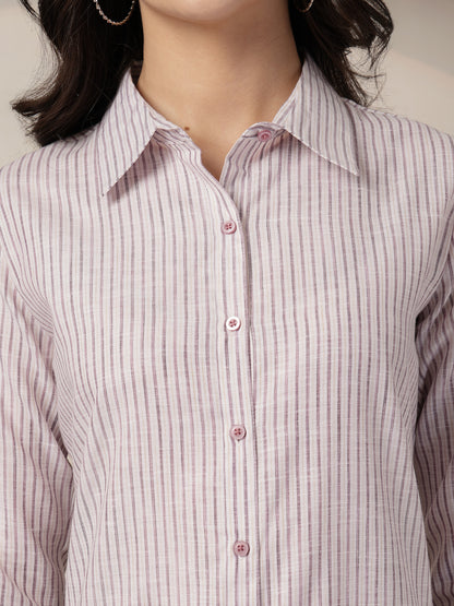 Style Quotient Women Mauve and Off White Stripe Linen Regular Fit Formal Shirt