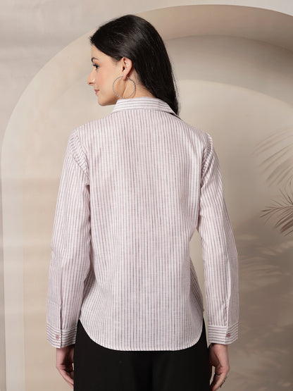 Style Quotient Women Mauve and Off White Stripe Linen Regular Fit Formal Shirt