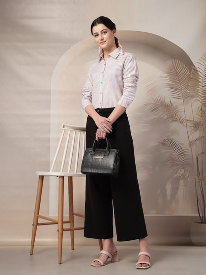 Style Quotient Women Mauve and Off White Stripe Linen Regular Fit Formal Shirt