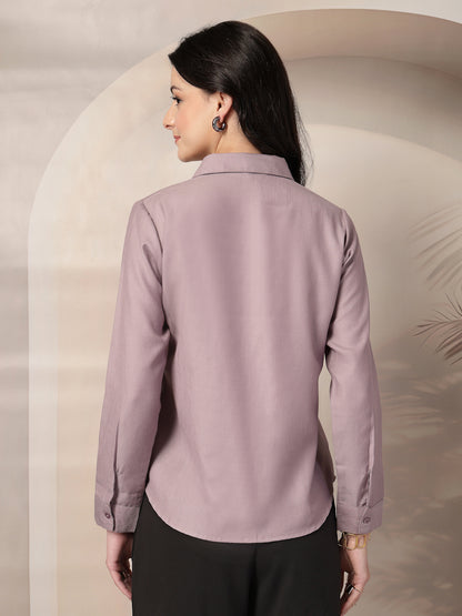 Style Quotient Women Mauve Self Design Linen Regular Fit Formal Shirt