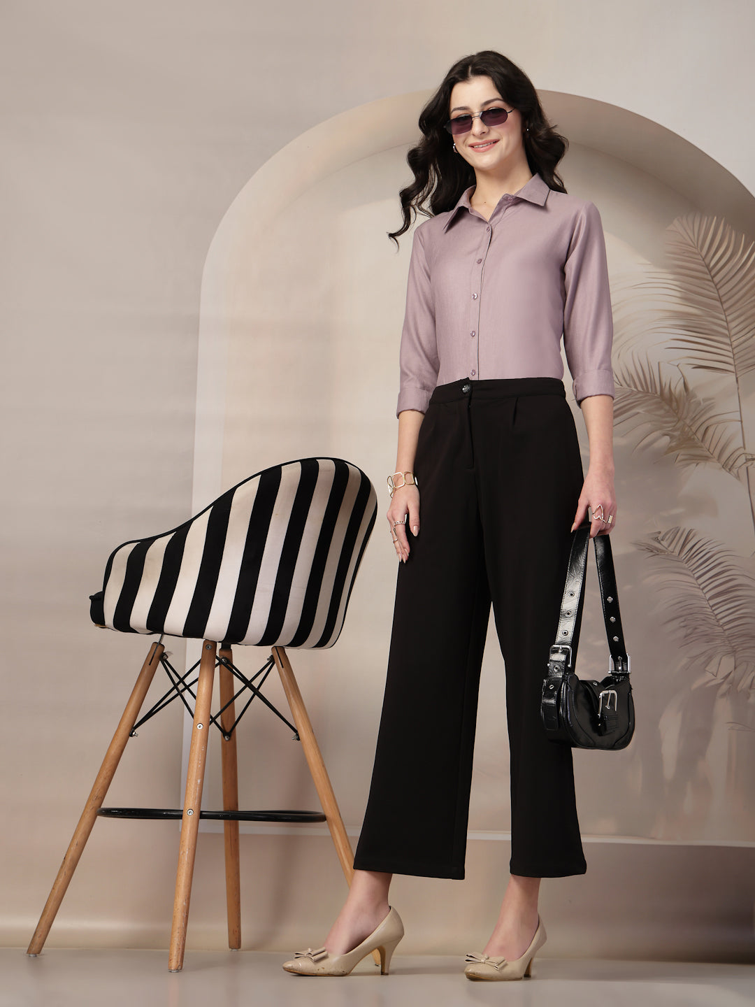 Style Quotient Women Mauve Self Design Linen Regular Fit Formal Shirt