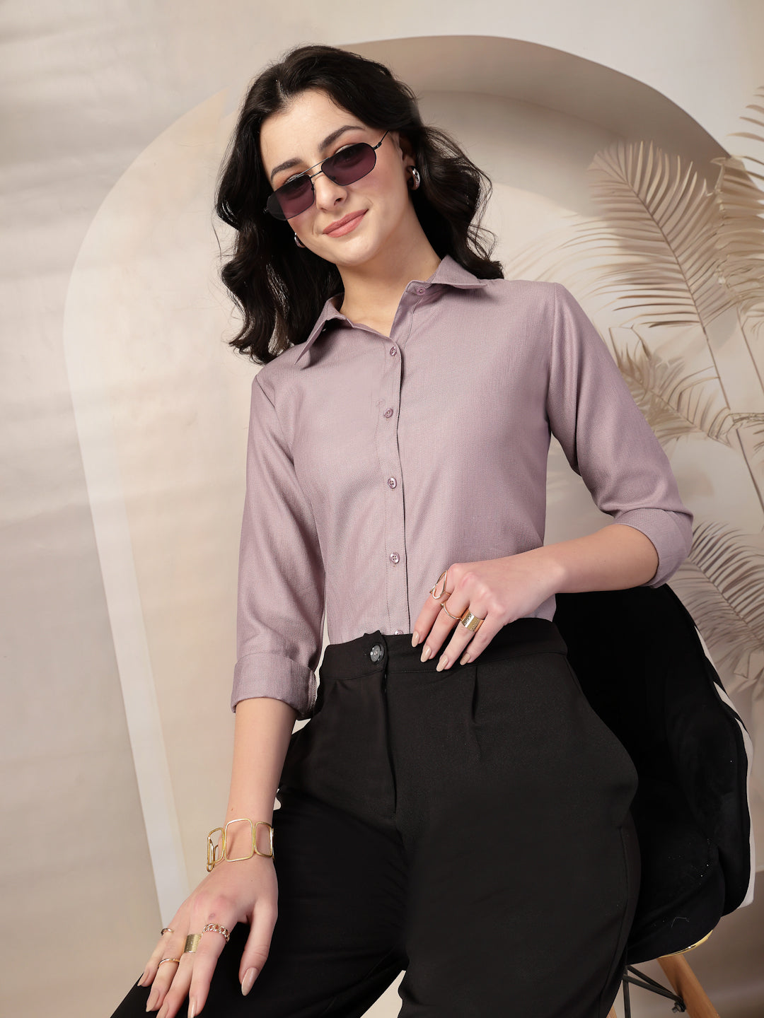 Style Quotient Women Mauve Self Design Linen Regular Fit Formal Shirt