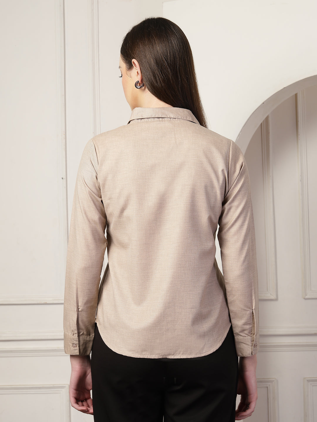 Style Quotient Women Mauve Self Design Linen Regular Fit Formal Shirt