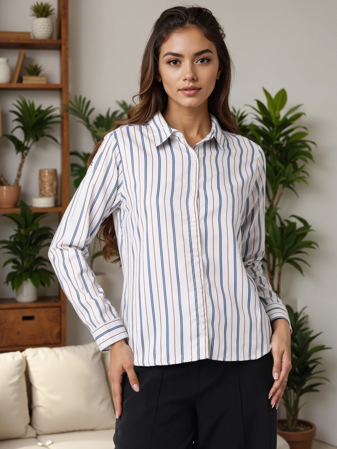 Style Quotient Women Nude Multi Stripe Printed Formal Polyester Shirt