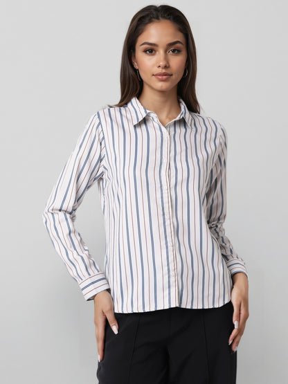 Style Quotient Women Nude Multi Stripe Printed Formal Polyester Shirt