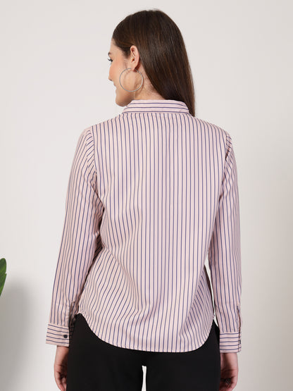 Style Quotient Women Nude Navy Stripe Printed Formal Polyester Shirt