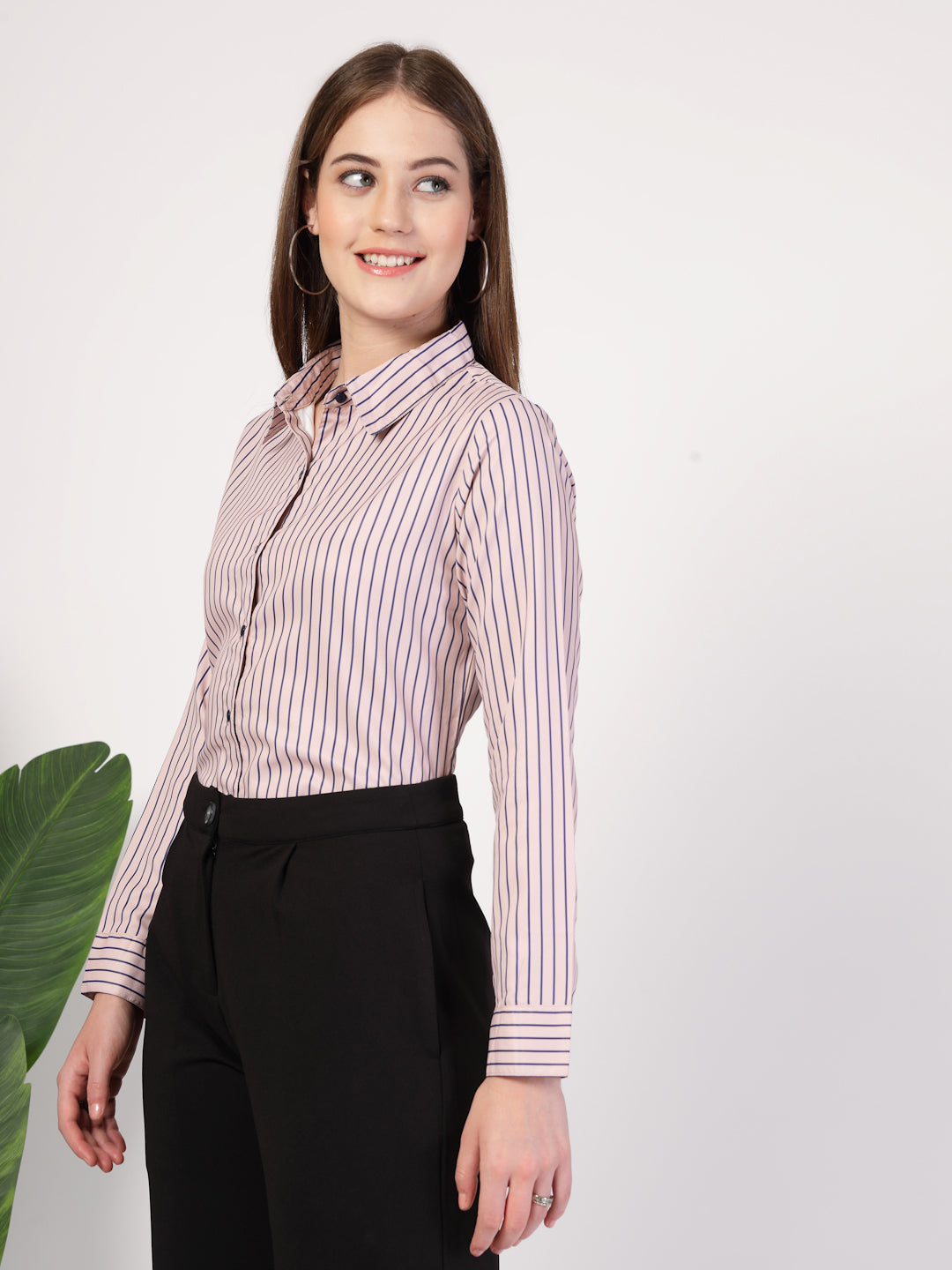 Style Quotient Women Nude Navy Stripe Printed Formal Polyester Shirt