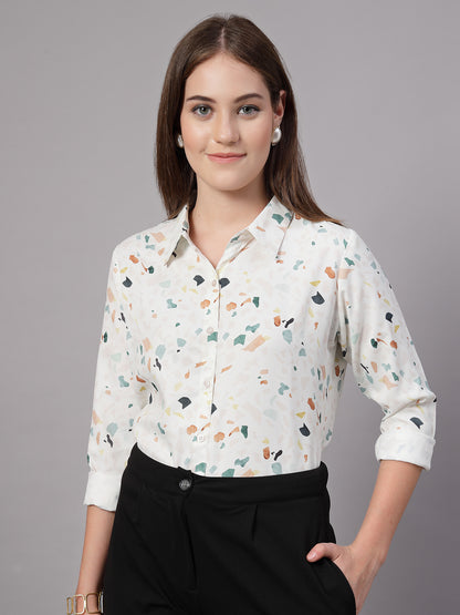 Style Quotient Women Off White Multi Printed Regular Fit Semi Formal Polyester Shirt