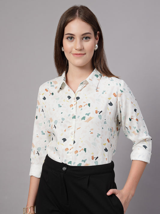 Style Quotient Women Off White Multi Printed Regular Fit Semi Formal Polyester Shirt