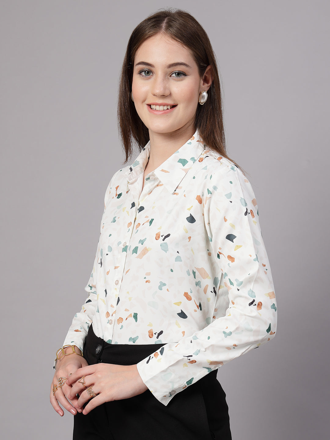 Style Quotient Women Off White Multi Printed Regular Fit Semi Formal Polyester Shirt